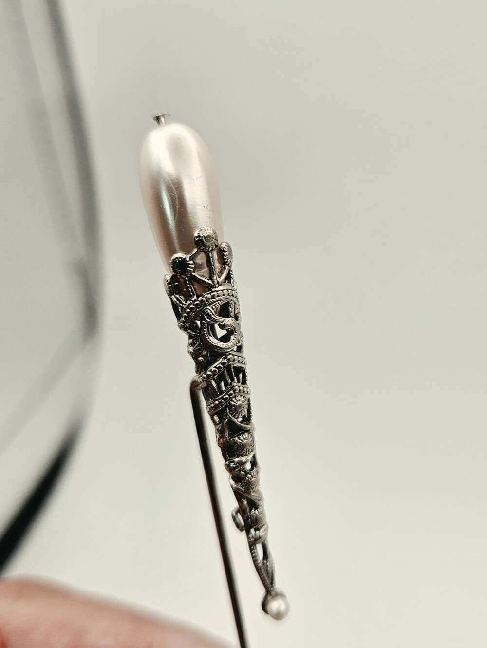Vintage Faux Pearl Teardrop Hat Pin Silver Tone Scroll Filigree 6 Inch
